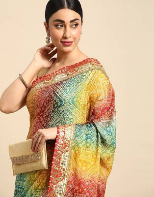 blue bandhani gotta patti pure chiffon saree 1