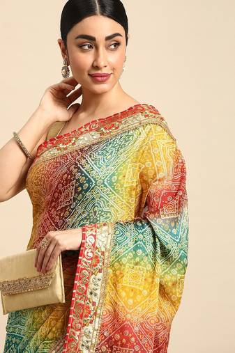 blue bandhani gotta patti pure chiffon saree
