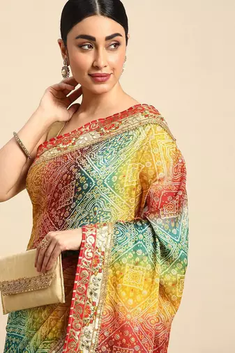 blue bandhani gotta patti pure chiffon saree