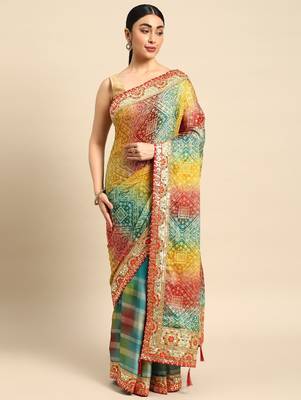blue bandhani gotta patti pure chiffon saree 2