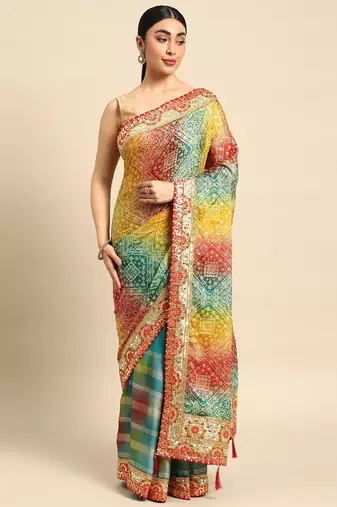 blue bandhani gotta patti pure chiffon saree