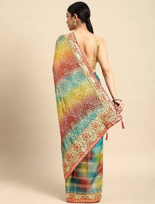 blue bandhani gotta patti pure chiffon saree 3
