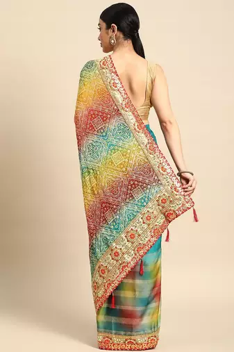blue bandhani gotta patti pure chiffon saree