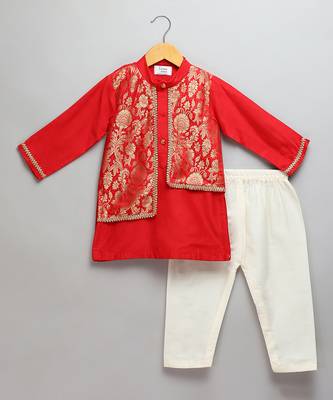 red woven cotton silk kurta set 1