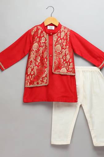 red woven cotton silk kurta set