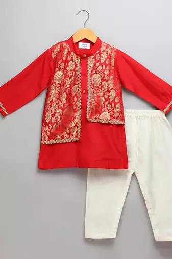 red woven cotton silk kurta set