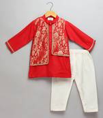red woven cotton silk kurta set