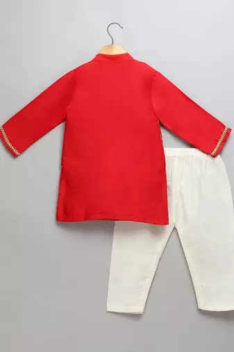 red woven cotton silk kurta set