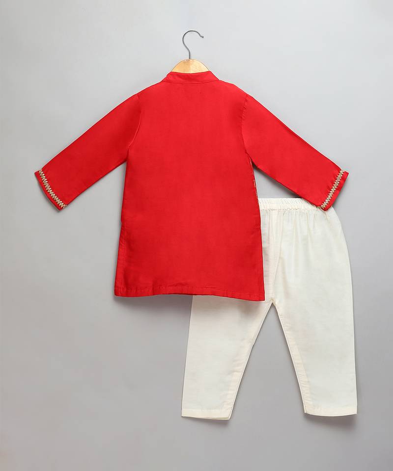 red woven cotton silk kurta set