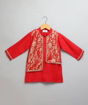 red woven cotton silk kurta set 3