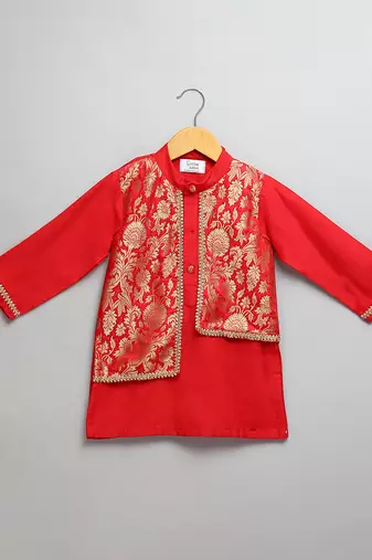 red woven cotton silk kurta set