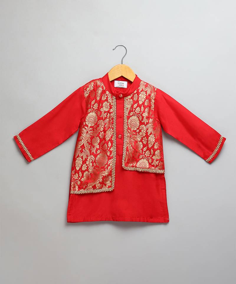 red woven cotton silk kurta set