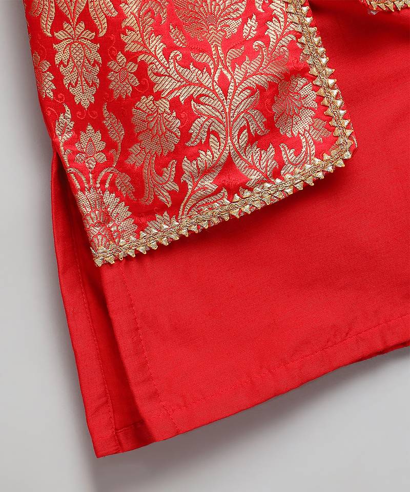 red woven cotton silk kurta set