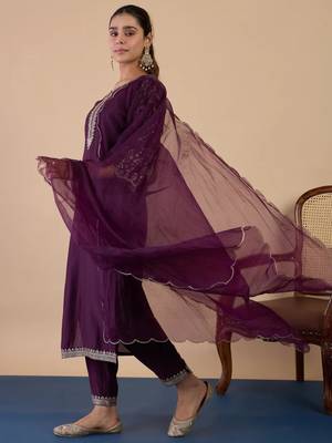 Purple rayon embroidered kurta set 3