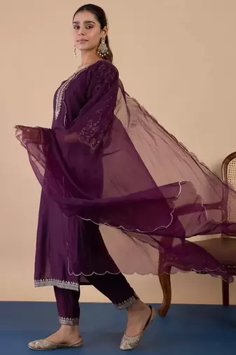 Purple rayon embroidered kurta set