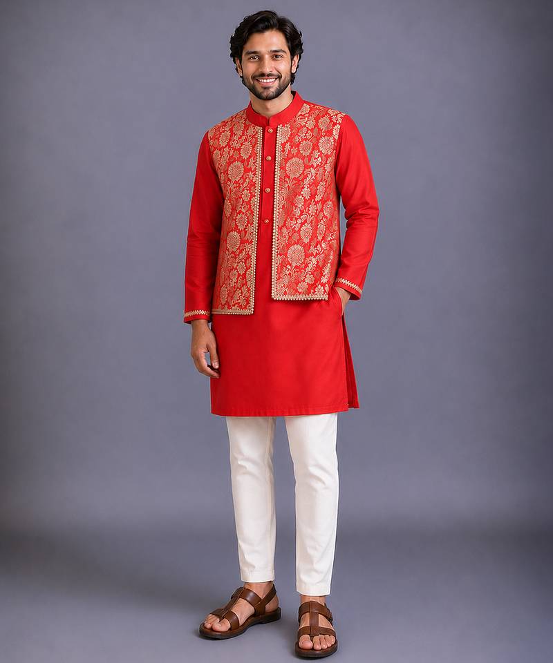 red woven cotton silk kurta set