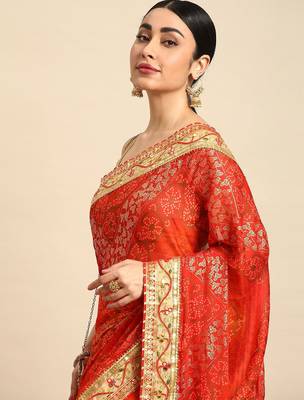 red bandhani gotta patti pure chiffon saree 1
