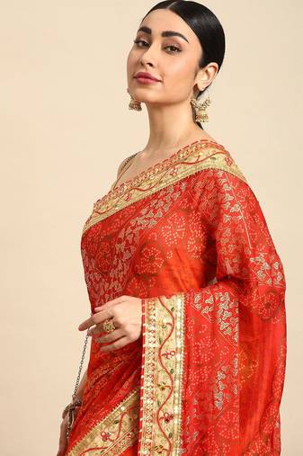 red bandhani gotta patti pure chiffon saree