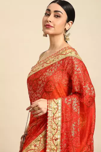 red bandhani gotta patti pure chiffon saree