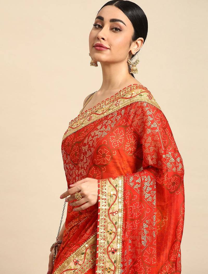 red bandhani gotta patti pure chiffon saree