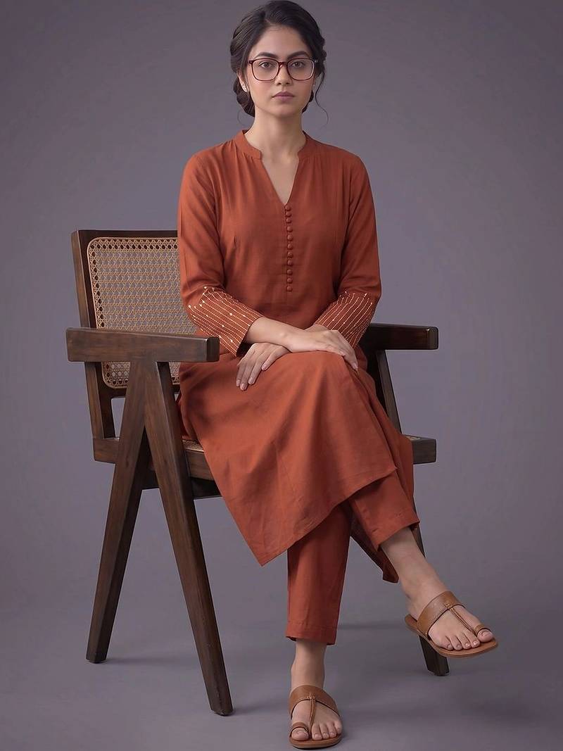 women regular thread work kurta with trousers