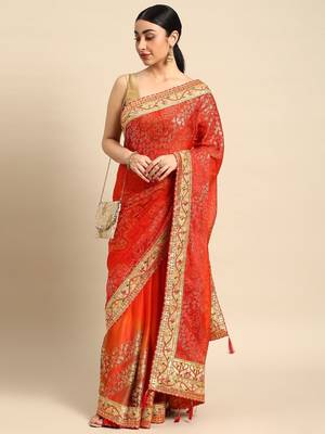 red bandhani gotta patti pure chiffon saree 2