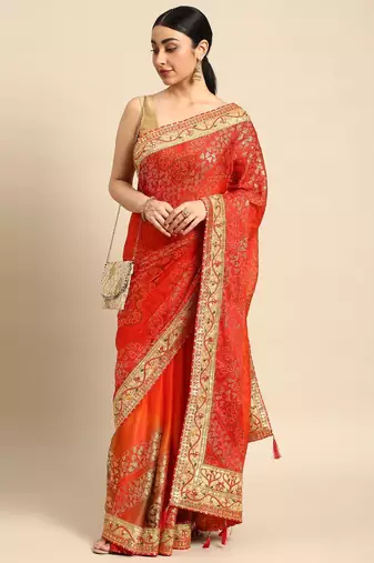 red bandhani gotta patti pure chiffon saree