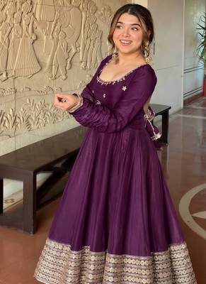Wine embroidered anarkali kurta set with pant and dupatta for women 2