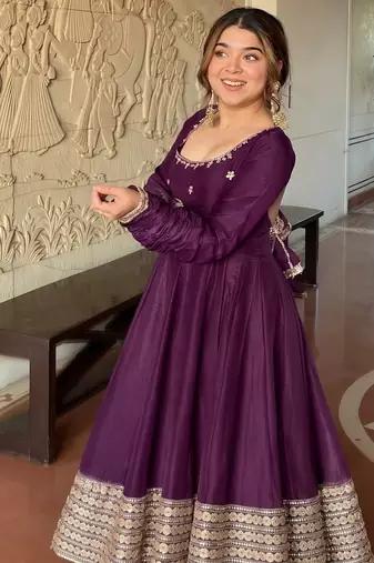 Wine embroidered anarkali kurta set with pant and dupatta for women