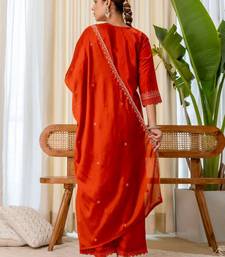Dark-orange silk blend embroidered kurta set