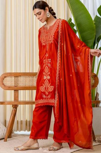 Dark-orange silk blend embroidered kurta set