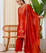 Dark-orange silk blend embroidered kurta set