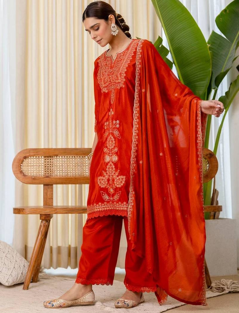 Dark-orange silk blend embroidered kurta set