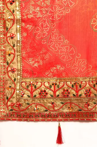 red bandhani gotta patti pure chiffon saree