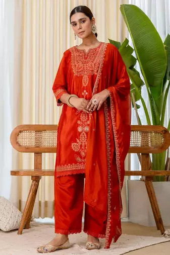 Dark-orange silk blend embroidered kurta set