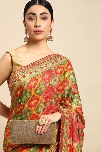 yellow bandhani gotta patti pure chiffon saree
