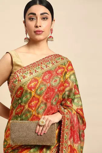 yellow bandhani gotta patti pure chiffon saree