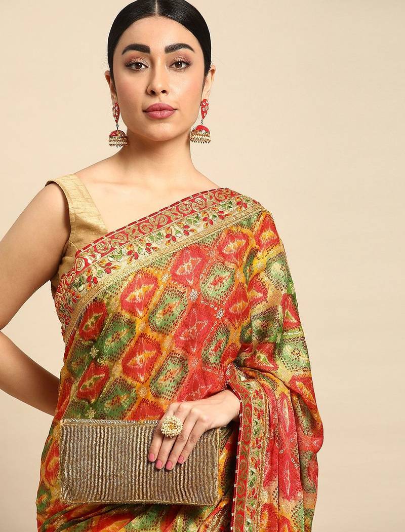 yellow bandhani gotta patti pure chiffon saree
