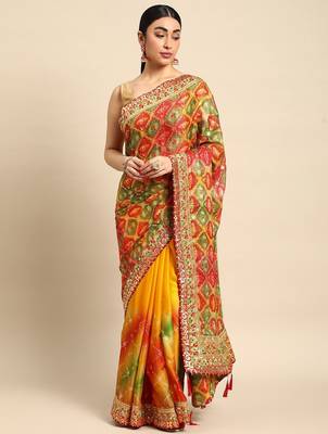 yellow bandhani gotta patti pure chiffon saree 2