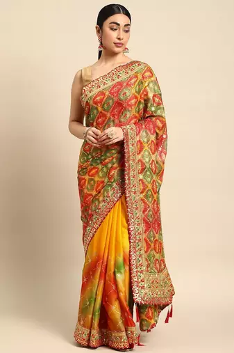 yellow bandhani gotta patti pure chiffon saree