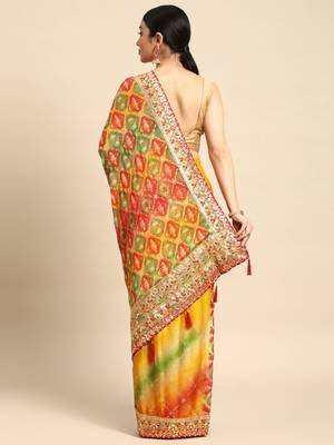 yellow bandhani gotta patti pure chiffon saree 3