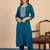 Teal silk blend embroidered kurta set
