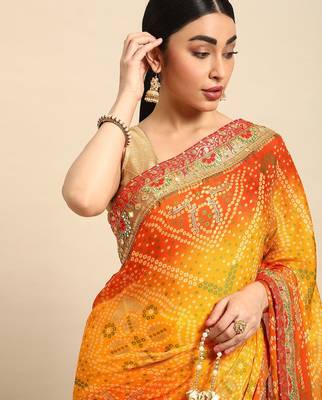 yellow bandhani gotta patti pure chiffon saree 1
