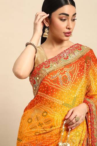 yellow bandhani gotta patti pure chiffon saree