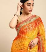 yellow bandhani gotta patti pure chiffon saree