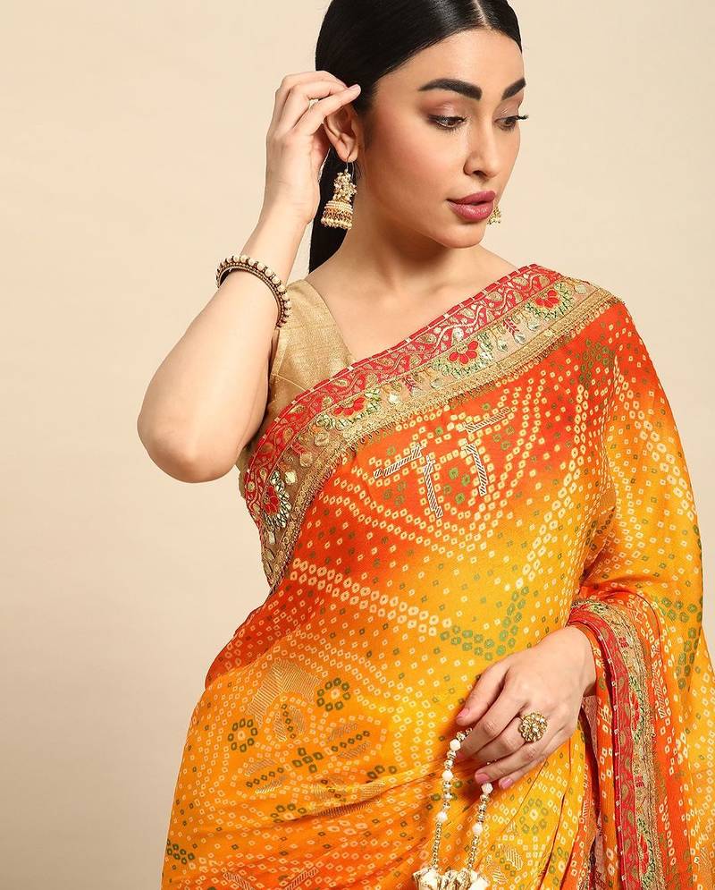 yellow bandhani gotta patti pure chiffon saree