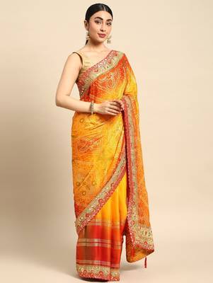 yellow bandhani gotta patti pure chiffon saree 2