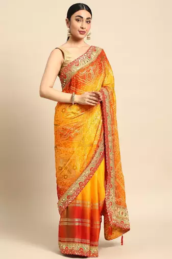 yellow bandhani gotta patti pure chiffon saree