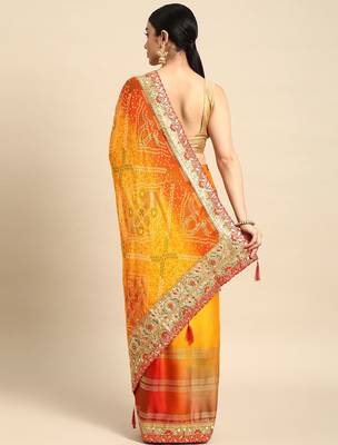 yellow bandhani gotta patti pure chiffon saree 3