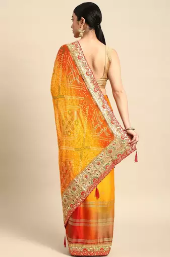 yellow bandhani gotta patti pure chiffon saree